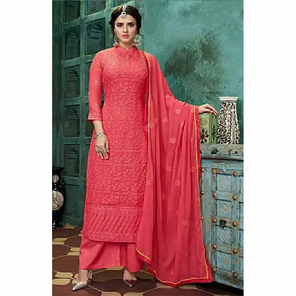 Semi-Stitched Indian Weightless Georgette Embroidery Dress-red 
