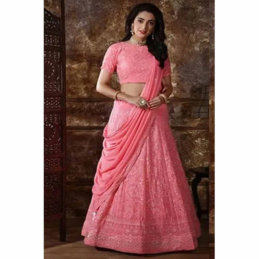 Semi-Stitched Indian Weightless Georgette Embroidery Lehenga-pink 