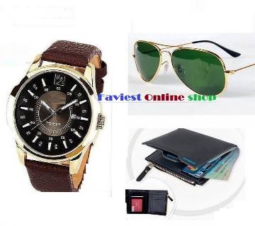 CURREN Wristwatch +Bogesi Wallet + Ray ban Sunglasses Combo