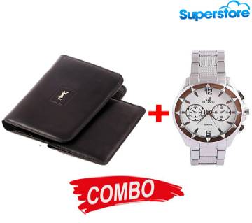 YSL Leather Wallet for Men + With Card Holder + ORLANDO Stainless Steel Mens Silver Analog Watch
