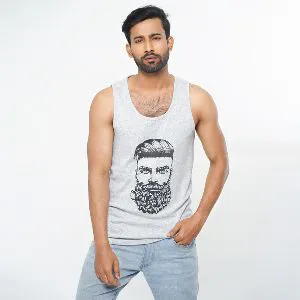 Man with Beard Printed Grey and White Color Casual Tank Tops for Men - 165