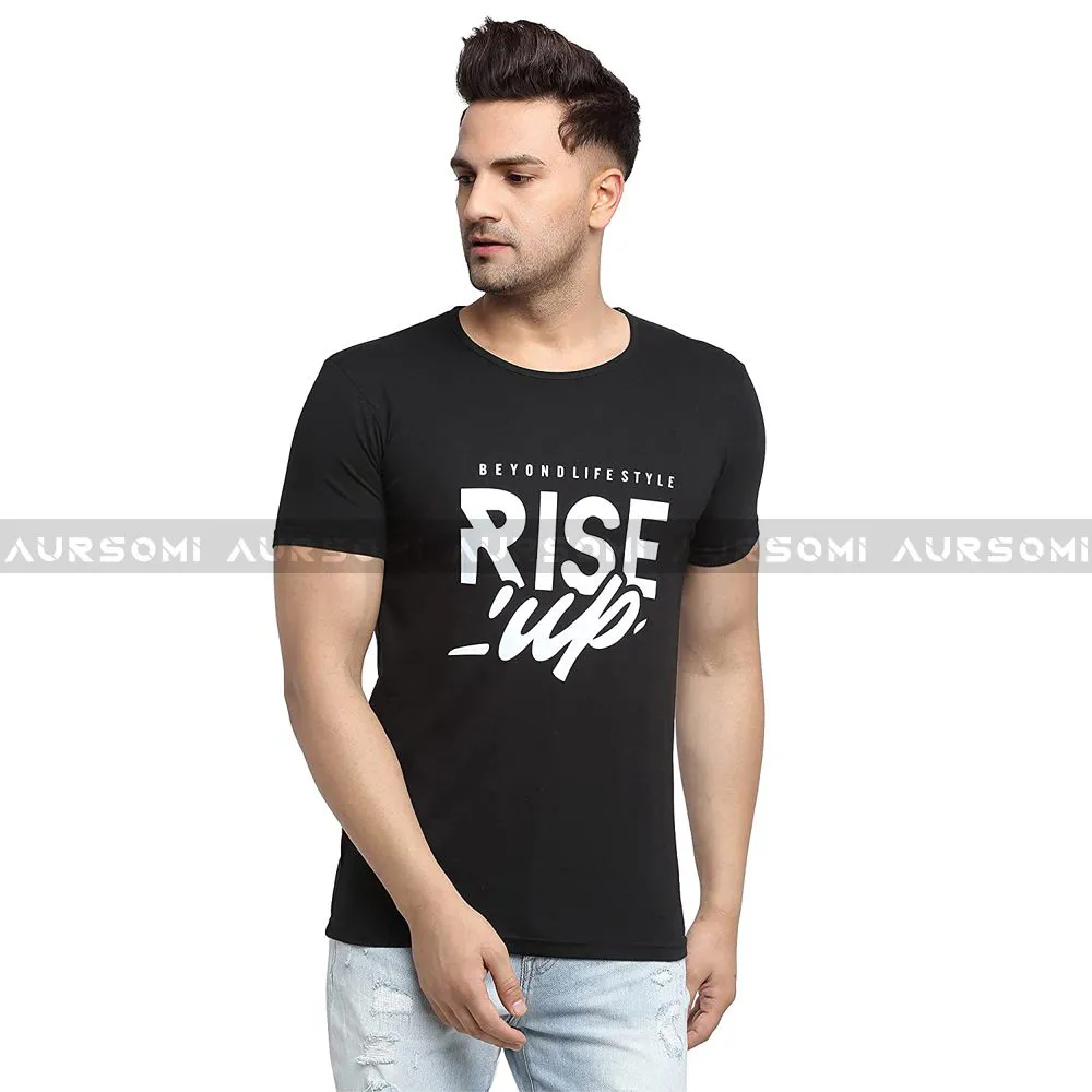 Rise Up Printed Black Color Pure Cotton T-shirts for Men - 200