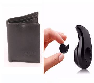 PU Leather Mens Wallet + Mini Wireless Bluetooth Earphones