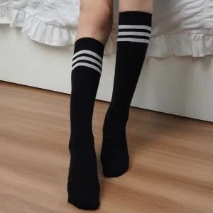Black White Striped Non-Slip Anti-Hem Thigh High Over Knee Socks Ladies Casual Students Socks Long Sock