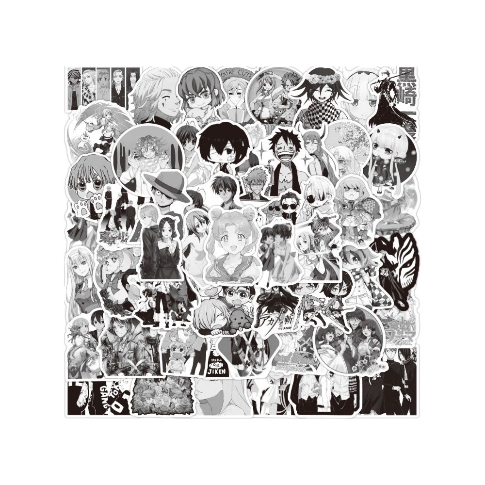 50Pcs/Pack Mixed Anime Black & White Glossy Not Repeated PVC Waterproof Stickers For Phone Luggage Skateboard Laptop