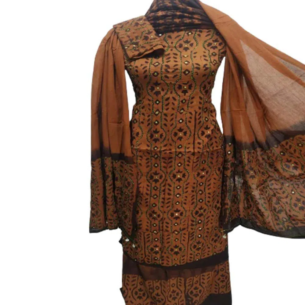 Unstitched Batik Cotton Four pcs For Women - Brown