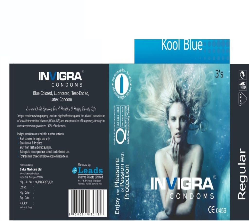 Kool Blue- Blue coloured, lubricated, teat-ended, latex condoms for an ignited romance কনডম 3’S Packet বাংলাদেশ - 978495