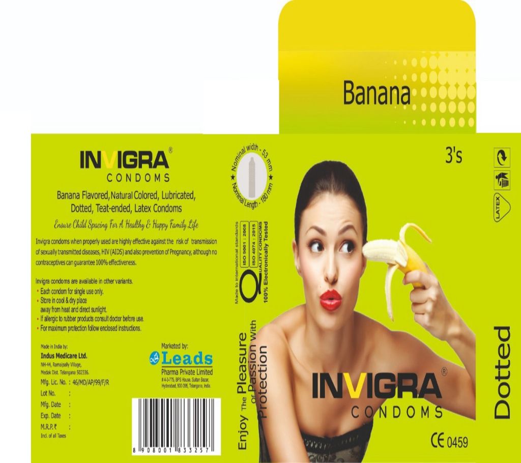 Banana- Banana flavored, Yellow colored, lubricated, teat-ended, latex condoms. কনডম 3’S Packet বাংলাদেশ - 978499