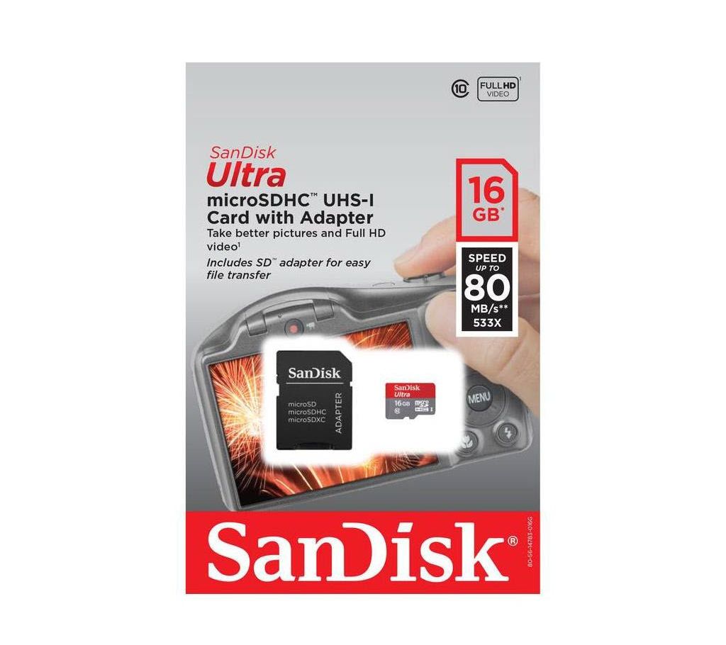 SanDisk 16GB Ultra microSDHC UHS-I Class 10 মেমোরি কার্ড উইথ এসডি এডাপটার বাংলাদেশ - 1045952