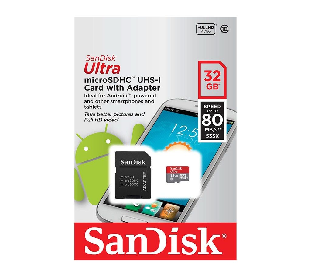 SanDisk 32GB Ultra microSDHC UHS-I Class 10 মেমোরি কার্ড উইথ এসডি এডাপটার বাংলাদেশ - 1045996