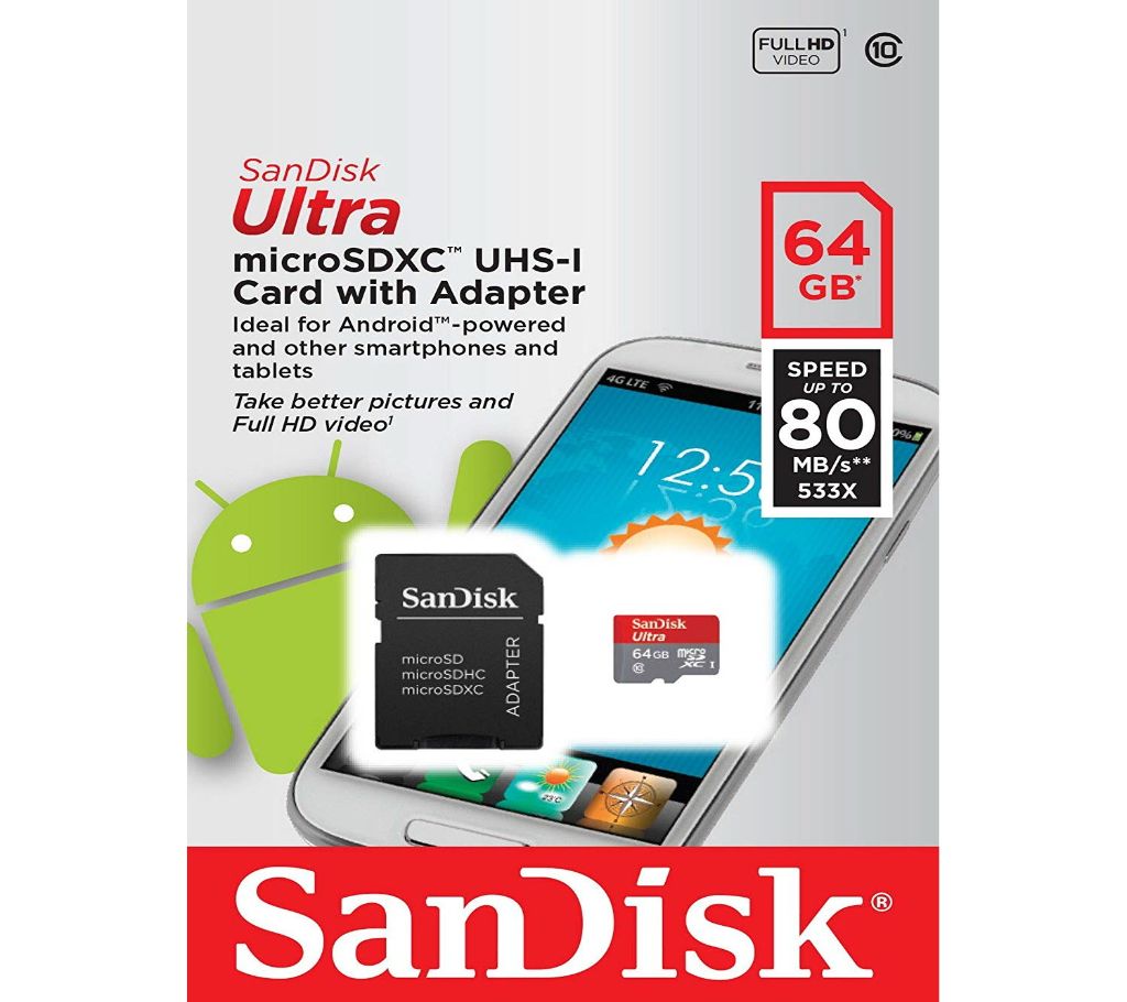 SanDisk 64GB Ultra microSDXC UHS-I Class 10 মেমোরি কার্ড উইথ এসডি এডাপটার বাংলাদেশ - 1045998