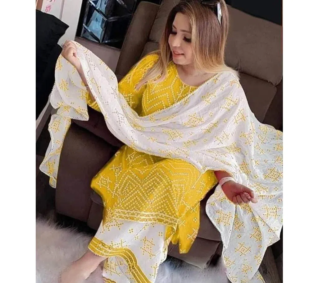 Unstitched cotton block print salwar kameez for women yellow 