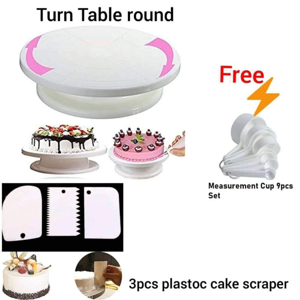 Combo Cake Decorating Turn table & 3 PCS Plastic Cake Scraper Free Measurement Cup set