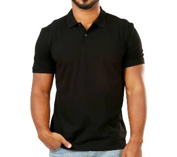 Black Cotton Short Sleeve Polo Shirt For Men