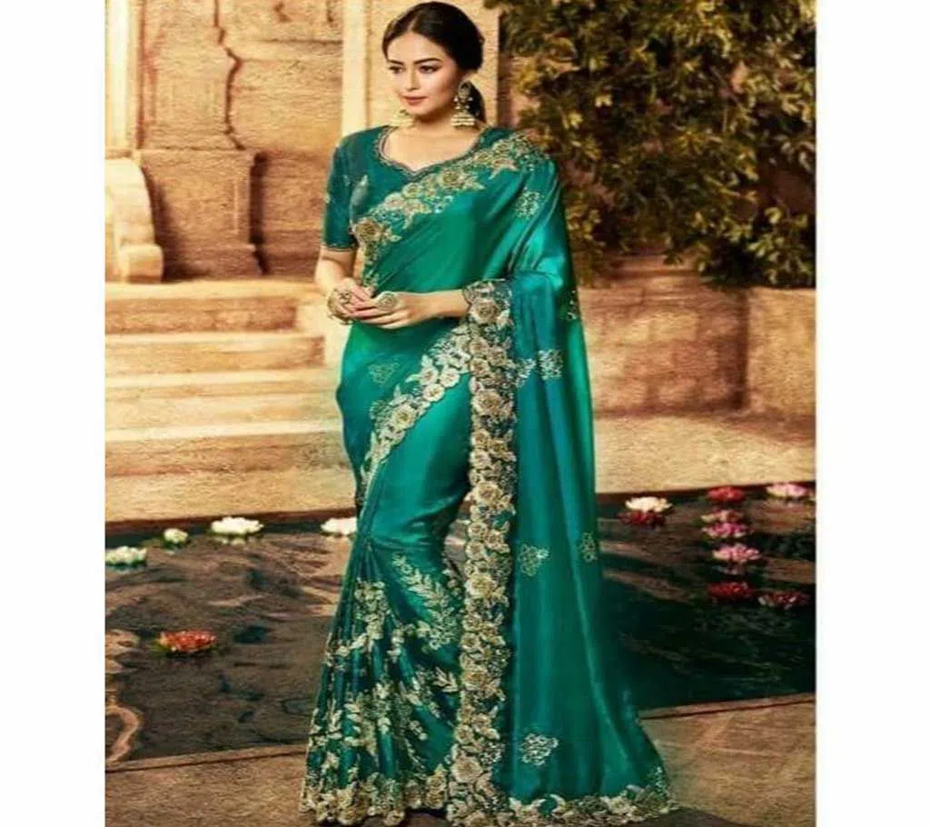 Weightless Georgette Party Saree With Blouse Piece-turquoise color