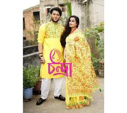 yellow Colour Half Silk Saree & Panjabi Combo For Couple
