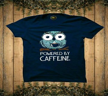 POWERED BY CAFFEINE Exclusive Design Rubber Print Half-Sleeve T-shirt For Men(Navy Blue)