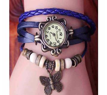 Blue Ladies Bracelet Type Wrist Watch leather with beads 