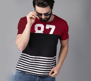 Multi Color Cotton Short Sleeve T-Shirt for Men-black and maroon 