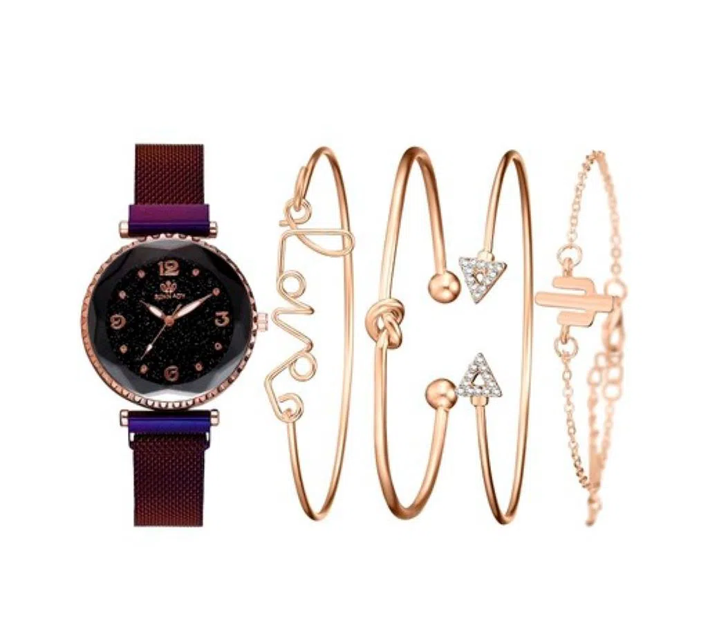 New 4-piece bracelet with quartz Ladies watchband-pink