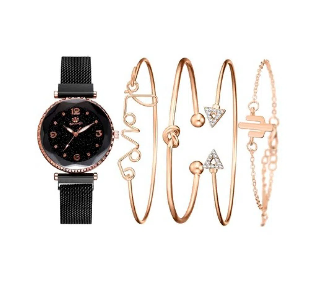 New 4-piece bracelet with quartz Ladies watchband-black