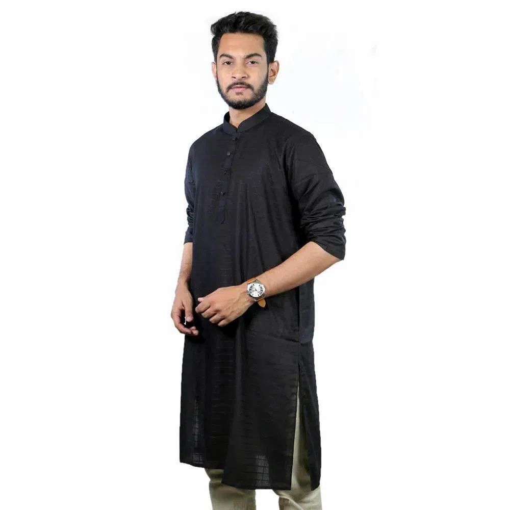 Stylish Semi Long Cotton Punjabi for Men - Black