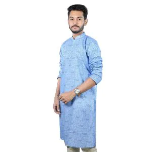 Printed Semi Long Cotton Punjabi for Men - Sky Blue