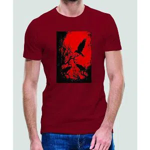 Raven Half Sleeve Cotton Printed T-shirt - Maroon