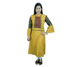 Linen Printed Kurti For Women - Yellow