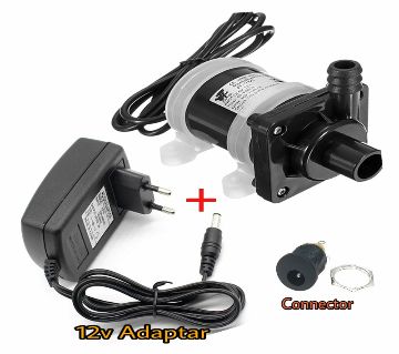 Submersible water pump and 12 volt adapter and connector.