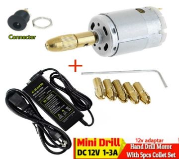 Mini Electric Hand Drill Set 12V Motor 12V adapter with 5pcs 0.5-3.0mm Drill Collet set