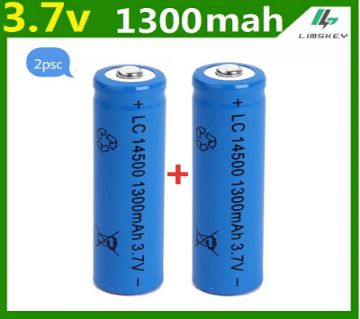High Capacitance 3.7V 1300mAh Battery 14500 Rechargeable Battery 2pcs/