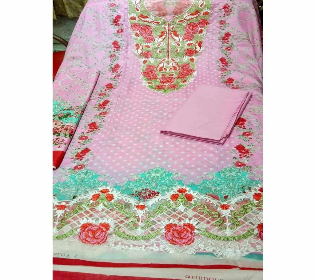 Unstitched Digital print Embroidered pink cotton unstiched