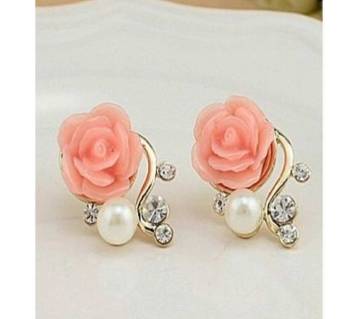 Pink pearl rose crystal stud earrings for women 