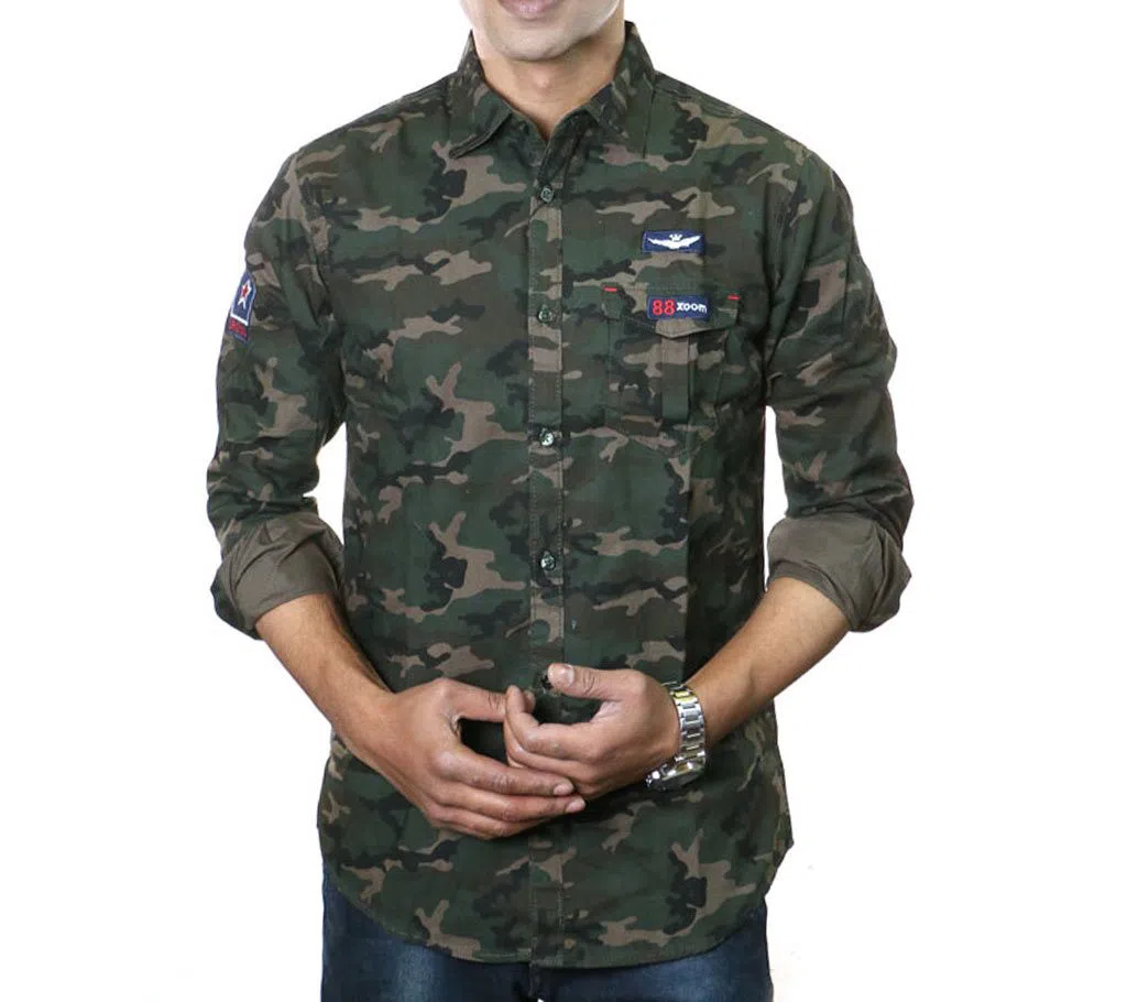 Army Green Cotton Long Sleeve Casual Shirt For Men-PCS - 4001