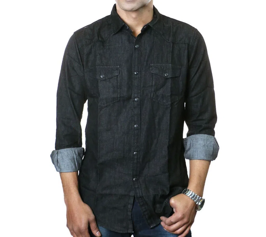 BLACK Denim Long Sleeve Casual Shirt for Men-PCS - 4008