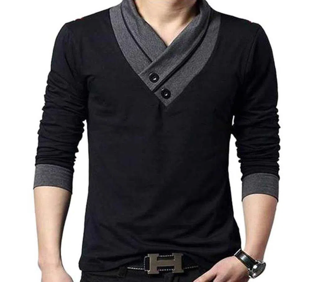 V-Neck Black Cotton Long Sleeve T-Shirt for Men