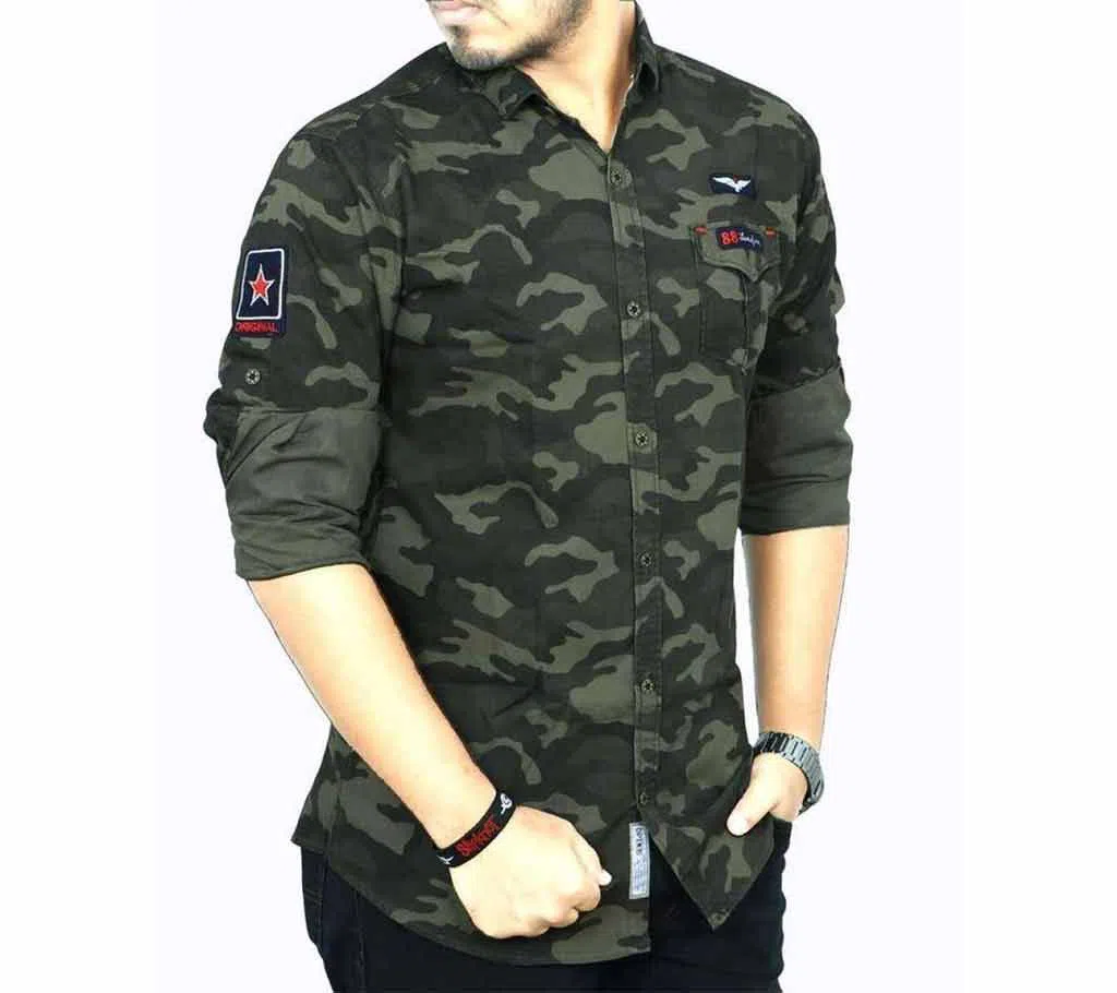  Army Green Cotton Long Sleeve Casual Shirt For Men
