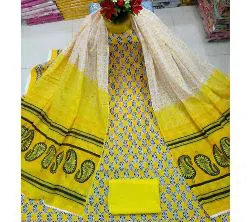 Yellow Unstitched Deshi Boutiques Screen Print Three Piece Salwar Kameez for Women ( 3 Piece)