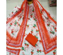 Orange Unstitched Adi Cotton Deshi Boutiques Screen Print Three Piece Salwar Kameez for Women ( 3 Piece)