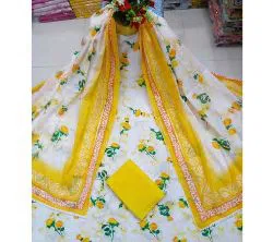 Yellow Unstitched Adi Cotton Deshi Boutiques Screen Print Three Piece Salwar Kameez for Women ( 3 Piece)