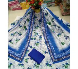 Blue Unstitched Adi Cotton Deshi Boutiques Screen Print Three Piece Salwar Kameez for Women ( 3 Piece)