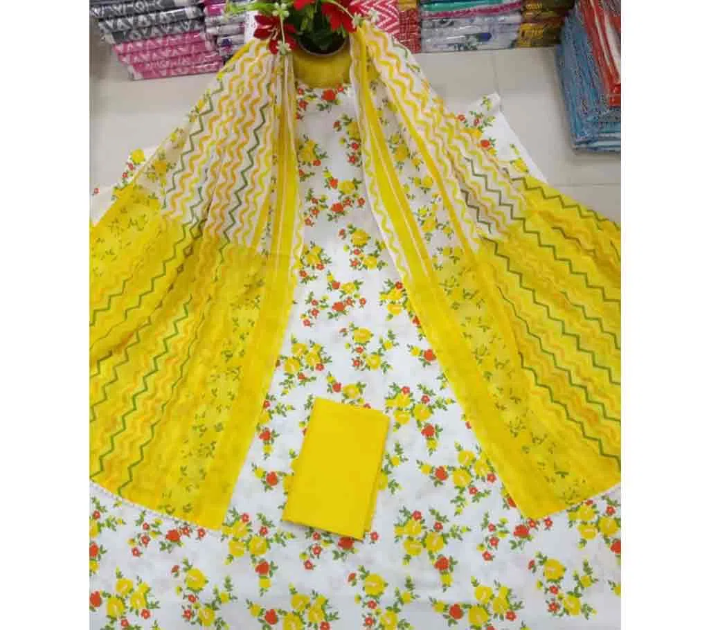 Yellow  Unstitched Joypuri Print Three Piece Salwar Kameez for Women ( 3 Piece)