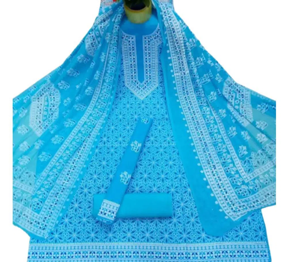 Sky Blue Unstitched Boutiques Emboss Print Three Piece Salwar Kameez for Women ( 3 Piece)
