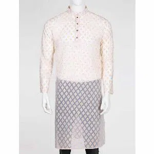 Cotton-mixed Casual Semi Long Panjabi For Men - Printed Off-white Color