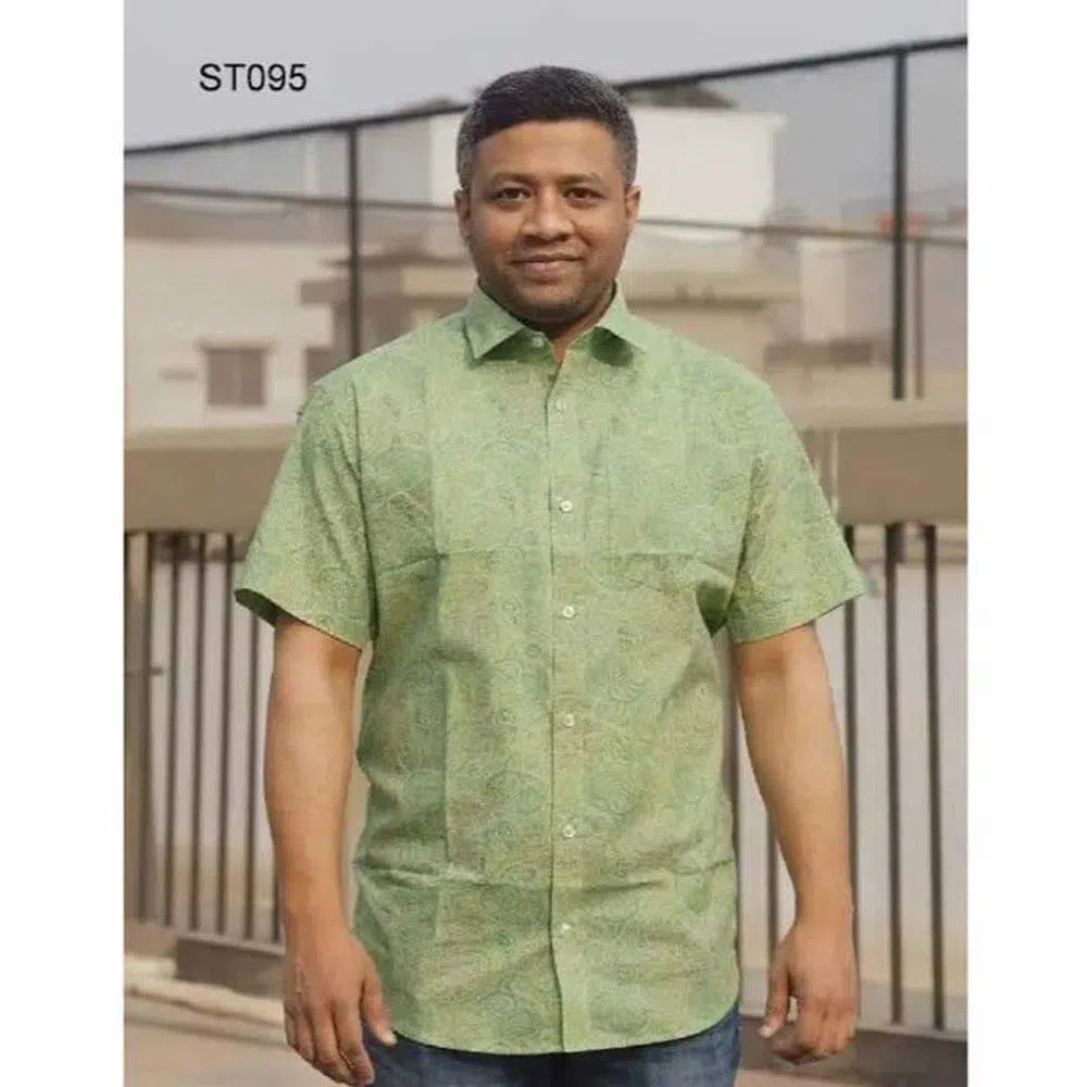 Mens Casual Short Sleeve Cotton Shirt - Green