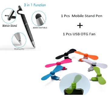 SMARTPHONE STAND 3 IN 1 PEN Mobile Stand+ Mini USB OTG Fan