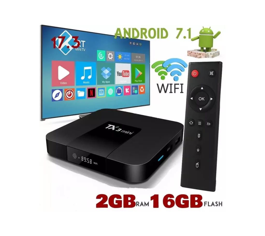 Smart TX3 মিনি এনড্রয়েড টিভি বক্স, Wi-Fi, 2GB RAM, 16GB ROM for CRT TV, LCD TV, LED TV, Monitor, Projectors বাংলাদেশ - 1181029