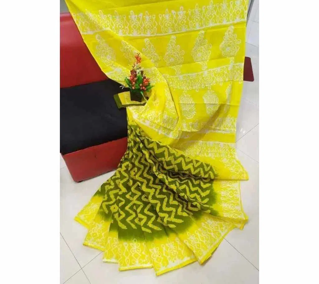 Cotton Batik sharee with blouse piece -yellow 