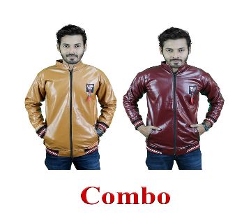 PU Leather Jacket For Men - Golden Yellow+PU Leather Jacket For Men - Burgundy
